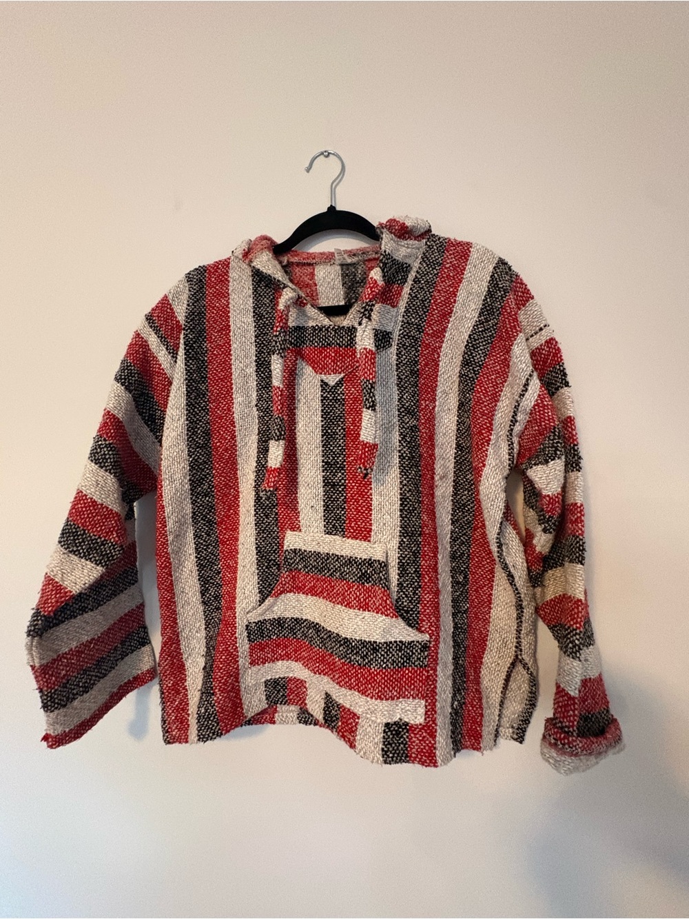 Baja Sweater - Striped Hooded Red, Black & Grey